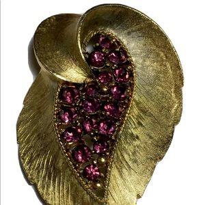 Vintage J.J Brooch Purple Rhinestone  Leaf Jewelry